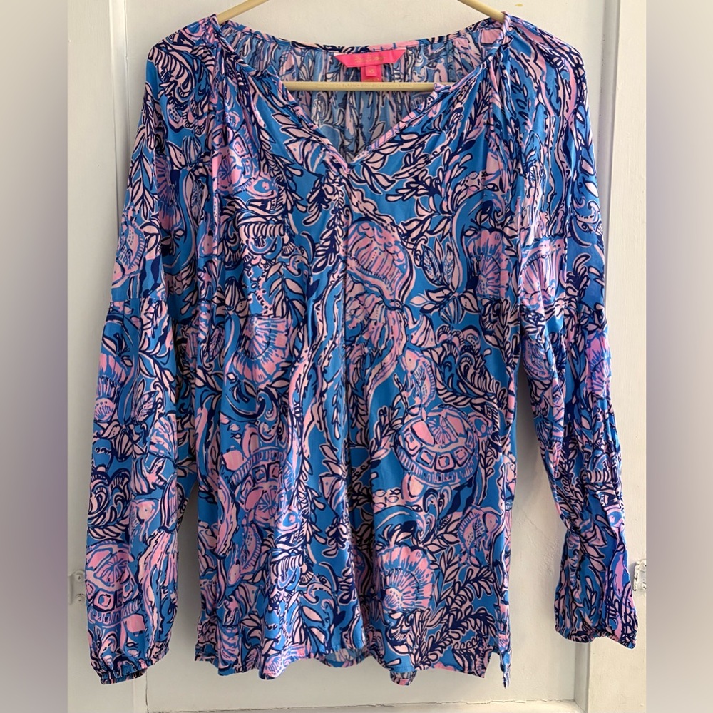 LILLY PULITZER XS Winsley Top Lapis Lazuli Horseshoe Bay Split Neck Blouse